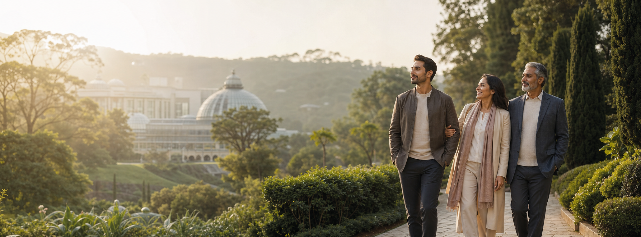 An adult walking through a garden with supportive family members